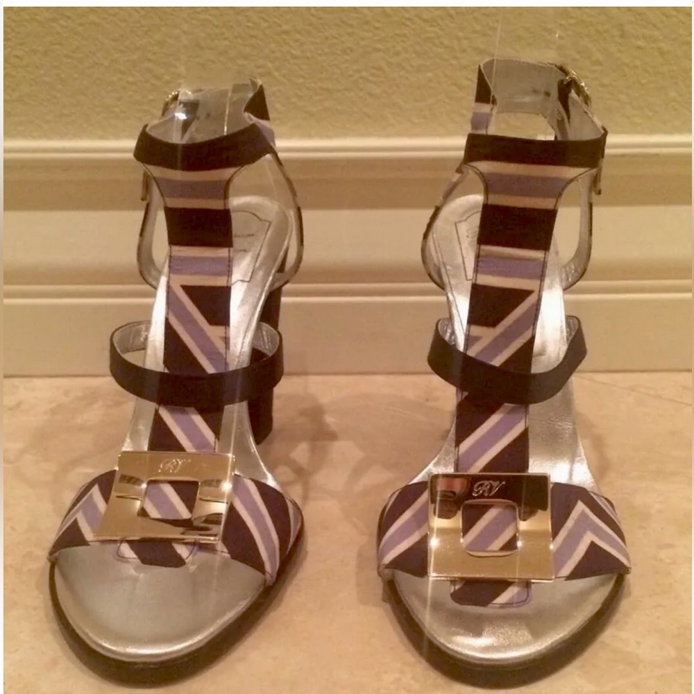 ROGER VIVIER Paris Heel Sandal Navy Lt Blue White Silk Silver US9 EU40 Italy NEW - Picture 7 of 7